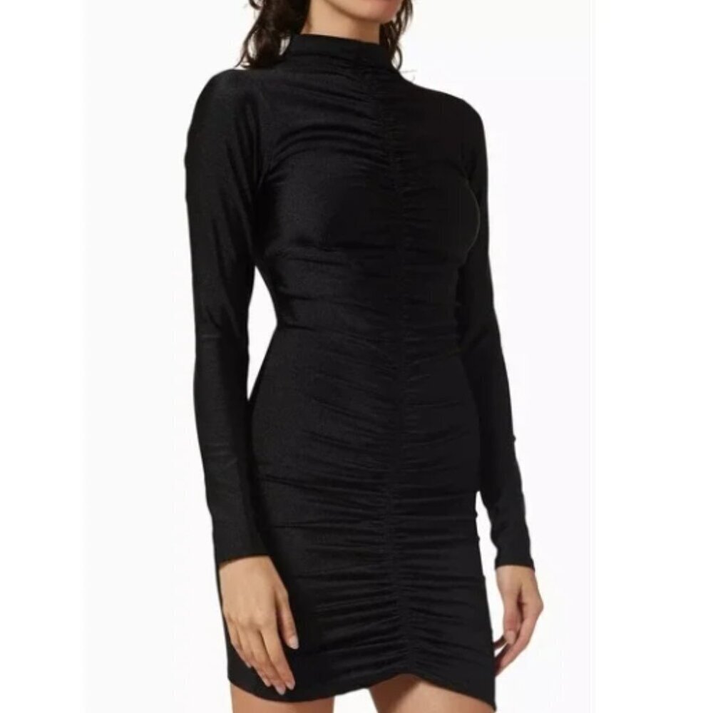 Good American Womens Black Shine Compression Ruched Long Sleeve Dress Sz 4XL New